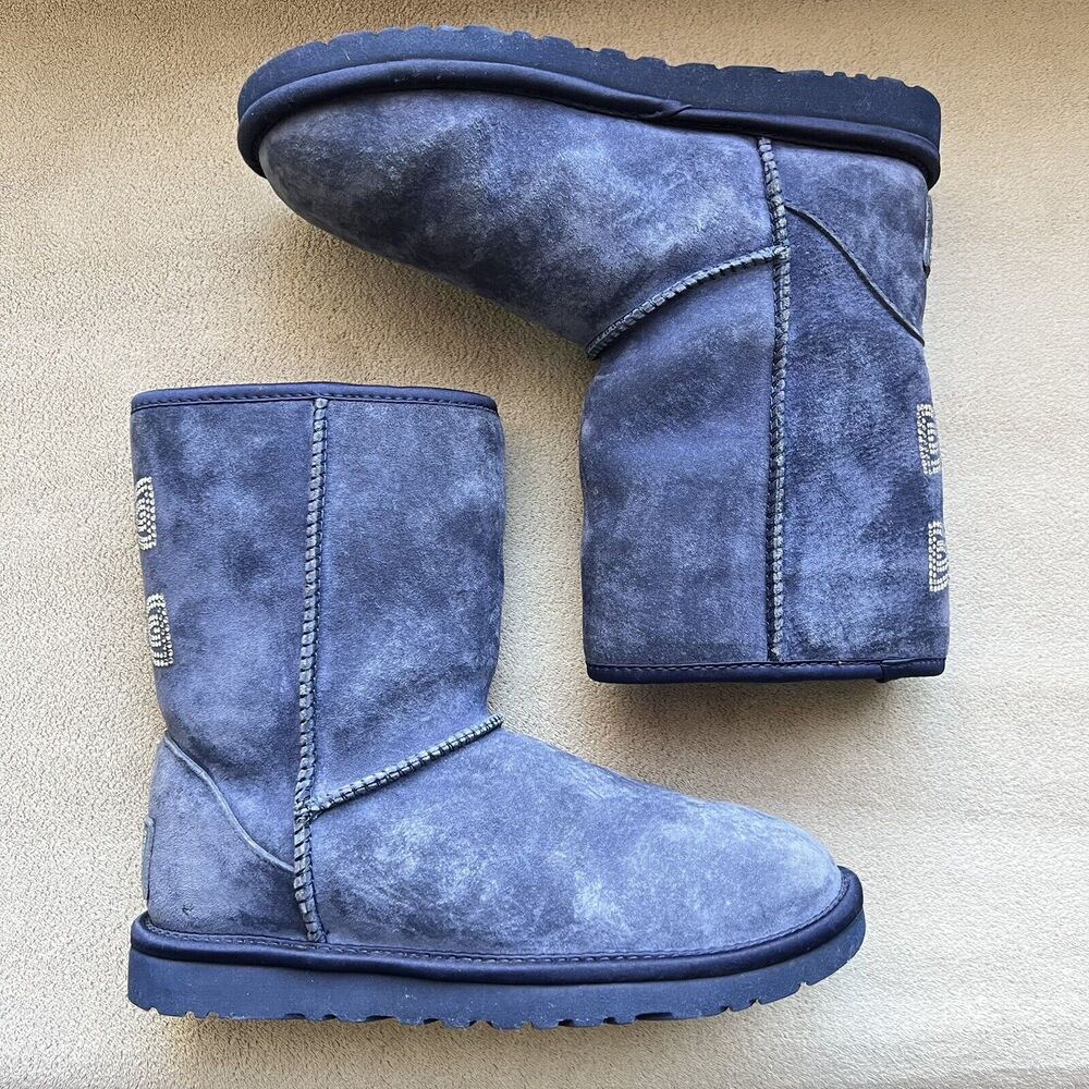 UGG Classic Short Swarovski Crystal Bow Boot Blue Suede Women 6 Sheepskin‎ Cozy